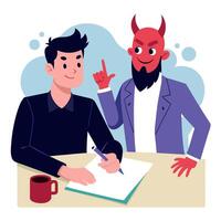 Very thrilled man signing a contract and the devil is sitting with him in his office. A deal with the devil vector