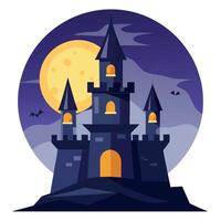 Very realistic illustration of a fantasy castle with a glowing full moon in the background. Halloween mood background. vector