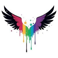 Watercolor Illustration of Grunge Style Bird Or Angel Wings With Paint and Ink Splatters And Drips. Rainbow Colors. Isolated On White Background. Made in Part with vector