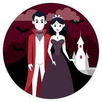 A cartoon vampire and vampire bride standing in front of a castle vector