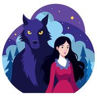 A girl and a wolf standing in front of a forest vector