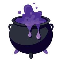 Watercolor illustration of a witch's cauldron in black with bubbling purple liquid filling it almost to the top isolated. vector