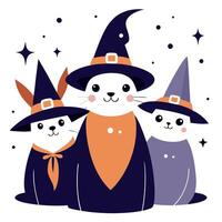 Three cats in witch hats and hats vector