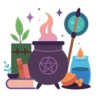 Wizard's cauldron, books, and other items vector