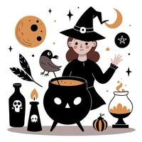 A witch with a cauldron and a bird vector