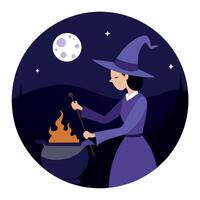 Witch cat brews a potion on a full moon at midnight. The witch is conjuring. vector