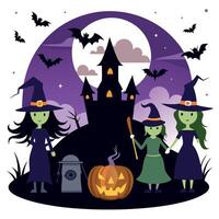 Halloween witches with pumpkin and bat in front of castle vector