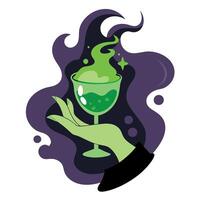 Witch hand and green color cocktail or potion with smoke in witch's study for Halloween. mystical. creepy atmosphere. vector