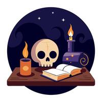 A skull and a book on a table with candles vector