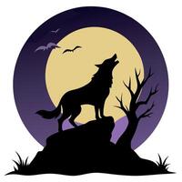 Wolf howling at full moon in eerie fog Halloween horror theme. silhouette concept vector