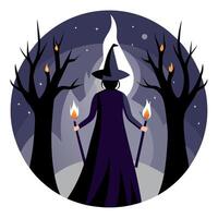 A witch with a broom and two torches in the forest vector