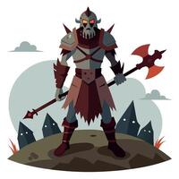 Zombie warriors in armor stand on a hill with axes and poleaxes ready for battle. 2d illustration vector