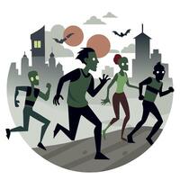 Zombies running in apocalyptic city scene vector