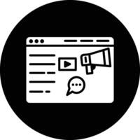 A black and white icon of a website with a megaphone and a vector