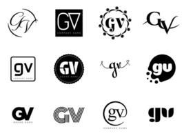 GV logo company template. Letter g and v logotype. Set different classic serif lettering and modern bold text with design elements. Initial font typography. vector