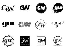 GW logo company template. Letter g and w logotype. Set different classic serif lettering and modern bold text with design elements. Initial font typography. vector