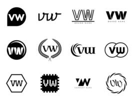 VW logo company template. Letter v and w logotype. Set different classic serif lettering and modern bold text with design elements. Initial font typography. vector