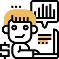 A man is working on a laptop with a bar chart vector