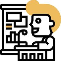 A man is standing at a desk with a laptop vector