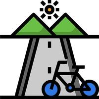 A bicycle is parked on a road with mountains in the background vector