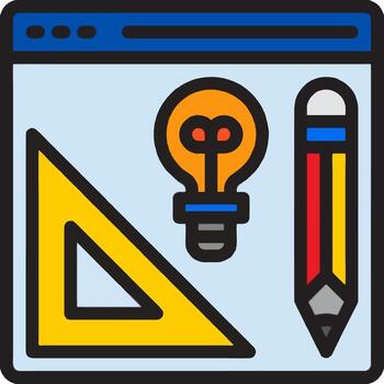 A computer with a light bulb, pencil and a triangle vector