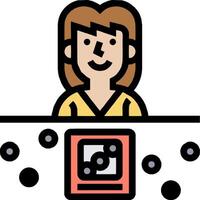 A woman is sitting at a desk with a computer vector
