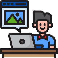 A man sitting at a desk with a laptop and a picture of a mountain vector