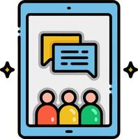 A tablet with a chat bubble and two people vector