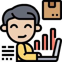 A man is working on a laptop with a bar chart vector
