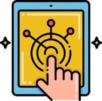A hand touching a tablet with a finger on it vector