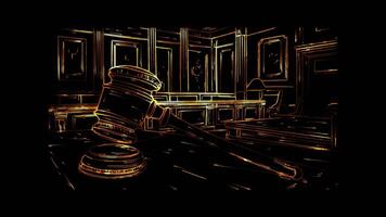 Neon frame effect, Gavel Symbolizes authority and the role of judges in the courtroom on black background video