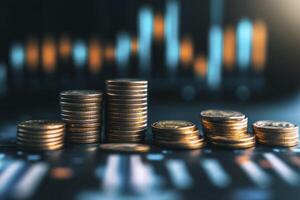 Gold coins on a table with a graph photo
