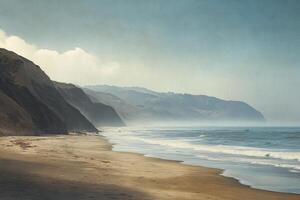 A beach with a cliff on one side and the ocean on the other photo