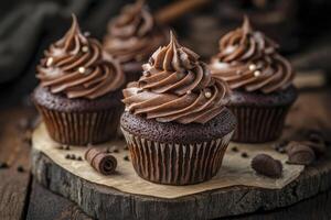 Chocolate cupcakes with frosting on a wooden table photo
