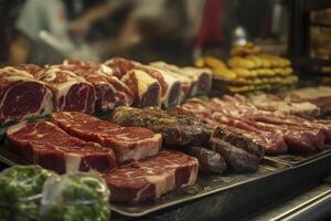 Meat is displayed on a counter in a market photo