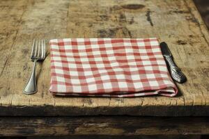 A table with a napkin and a knife and fork photo