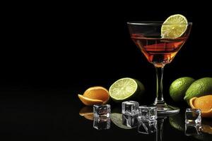 A glass of wine with lime slices and oranges photo