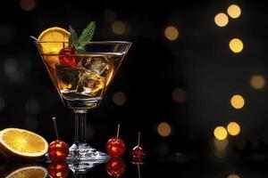 Cocktail with cherry and orange on a black background photo