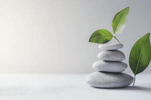 A stack of stones with green leaves on top photo