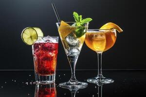 Three different types of alcoholic drinks on a black background photo