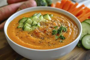 A bowl of carrot soup with cucumbers and carrots photo