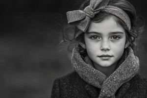 A black and white photo of a little girl wearing a scarf
