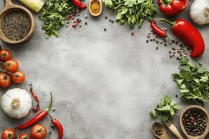 Fresh vegetables and spices on a gray background photo