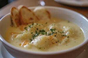A bowl of soup with bread and cheese on top photo