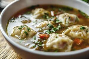A bowl of soup with dumplings in it photo