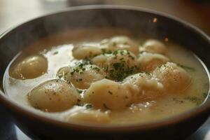 A bowl of soup with dumplings in it photo