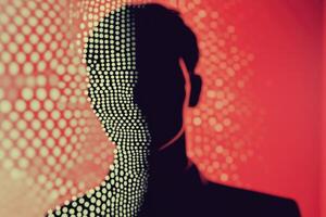 A man's silhouette is shown against a red background photo
