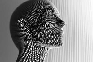 A black and white image of a man's head photo
