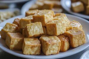 A plate of tofu cubes sitting on a table photo
