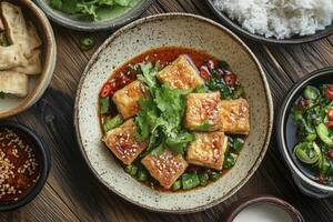 A table with various dishes of food photo